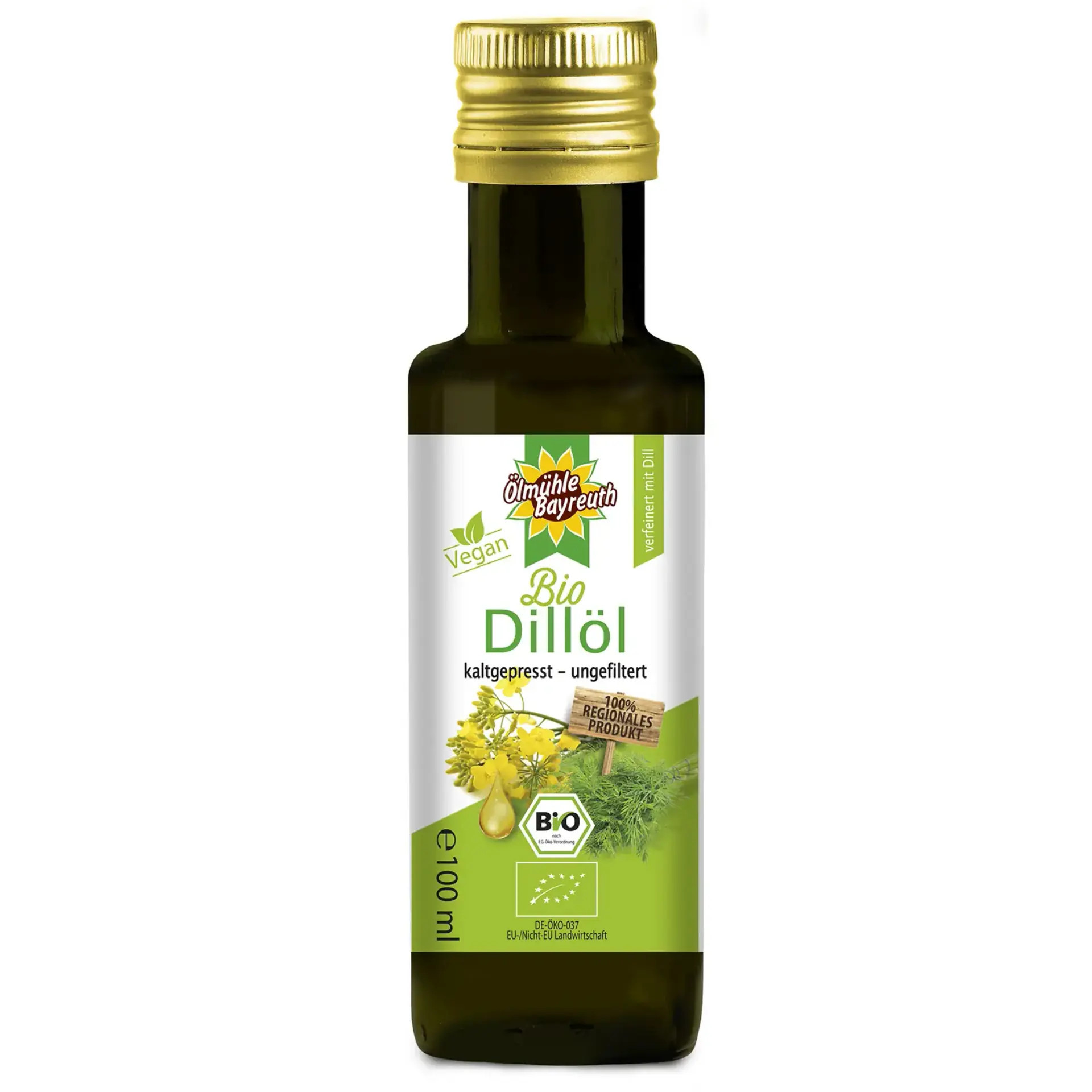 Bio Dillöl 100 ml von der Ölmühle Bayreuth - Vorderseite der Flasche
