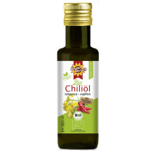 Bio Chiliöl 100 ml von der Ölmühle Bayreuth - Vorderseite der Flasche