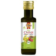 Bio Chiliöl 100 ml von der Ölmühle Bayreuth - Vorderseite der Flasche