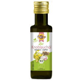 Bio Knoblauchöl 100 ml von der Ölmühle Bayreuth - Vorderseite der Flasche