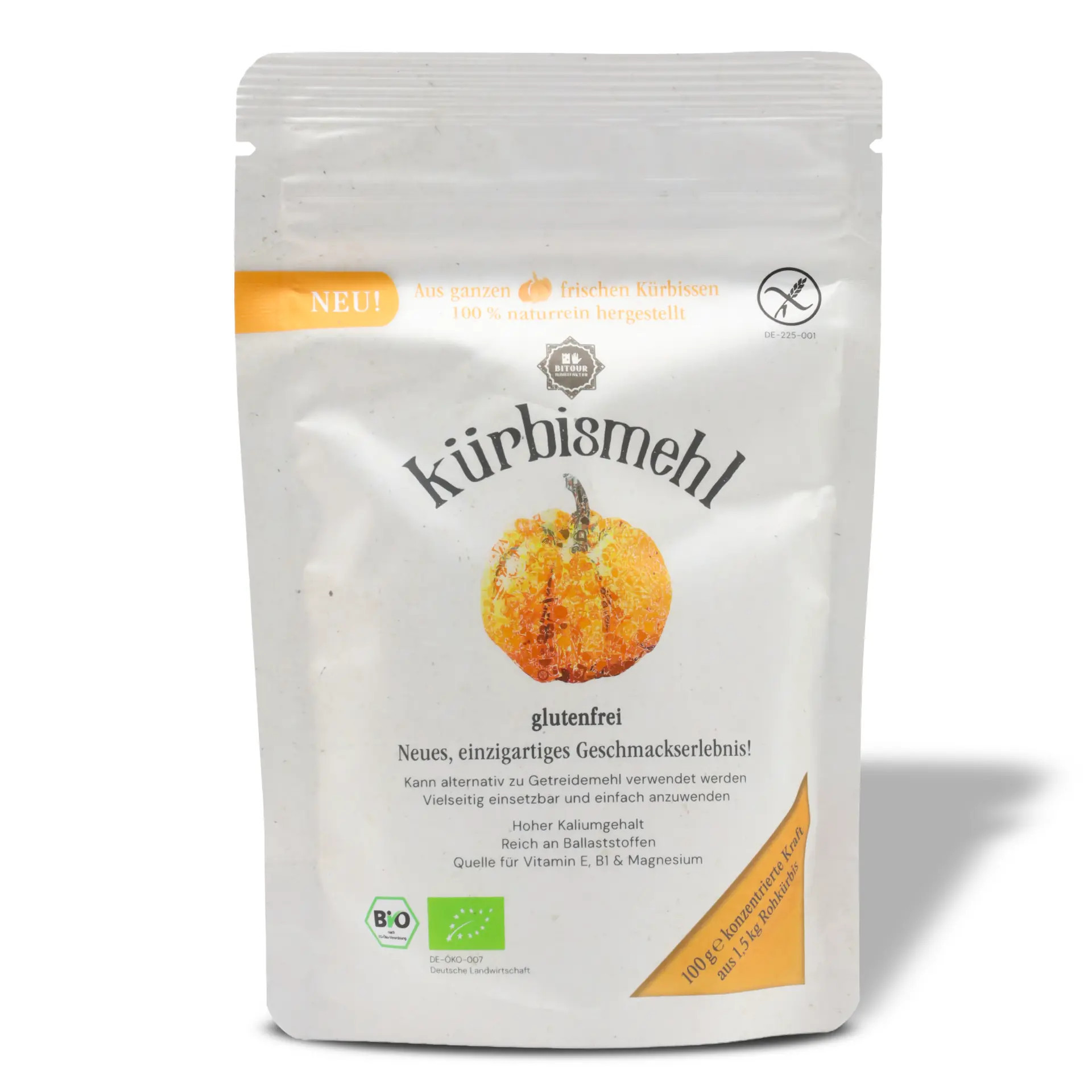 Bio-Kürbismehl (glutenfrei) aus frischen Kürbissen - 100g - Vorderseite