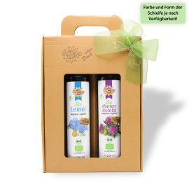 Geschenkbox mit je 250 ml Bio-Leinöl & Bio-Mariendistelöl