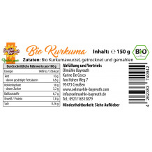 Bio Kurkuma 150 g Etikett von der Ölmühle Bayreuth
