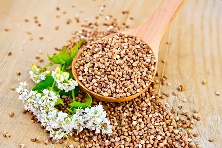 Gesunde rohe Buchweizenkörner mit Buchweizenblüte